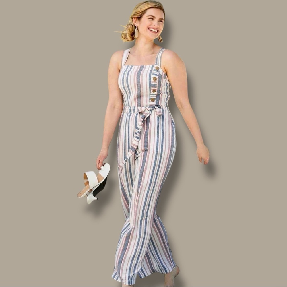 Cato White & Gray Linen-Blend Striped Wide Leg Belted Jumpsuit Plus Size 26/28W